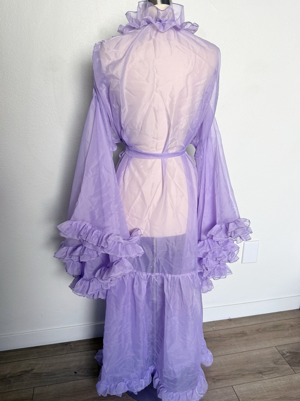Vintage 70s Sheer Lavender Ruffle Peignoir Maxi Robe Bell Sleeve - Picture 6 of 9